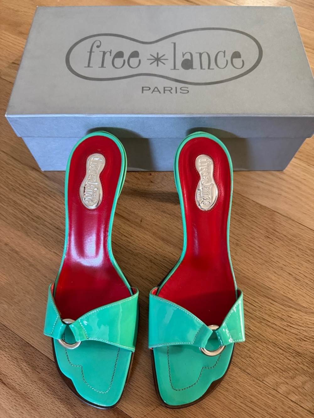 NWT! Free Lance Paris Unworn Vintage Turquoise Patent Slide Heels women sz 37.5